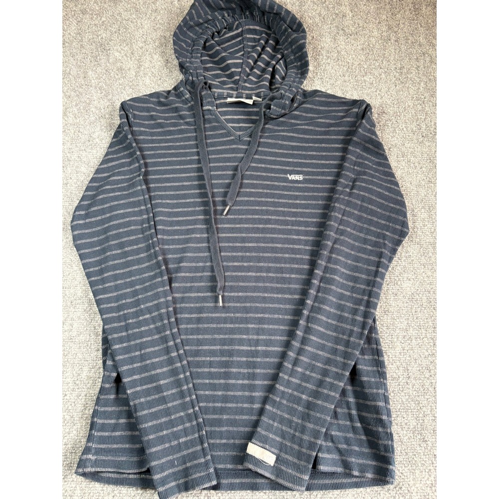 Vans Womens Large Navy Blue Striped Ribbed Knit V-Neck Hooded Long Sleeve Shirt